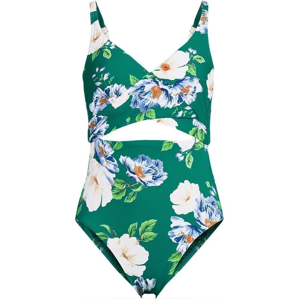 Land's End One piece monokini swimsuit island Emerald Petunia floral 16 Long - Picture 4 of 8